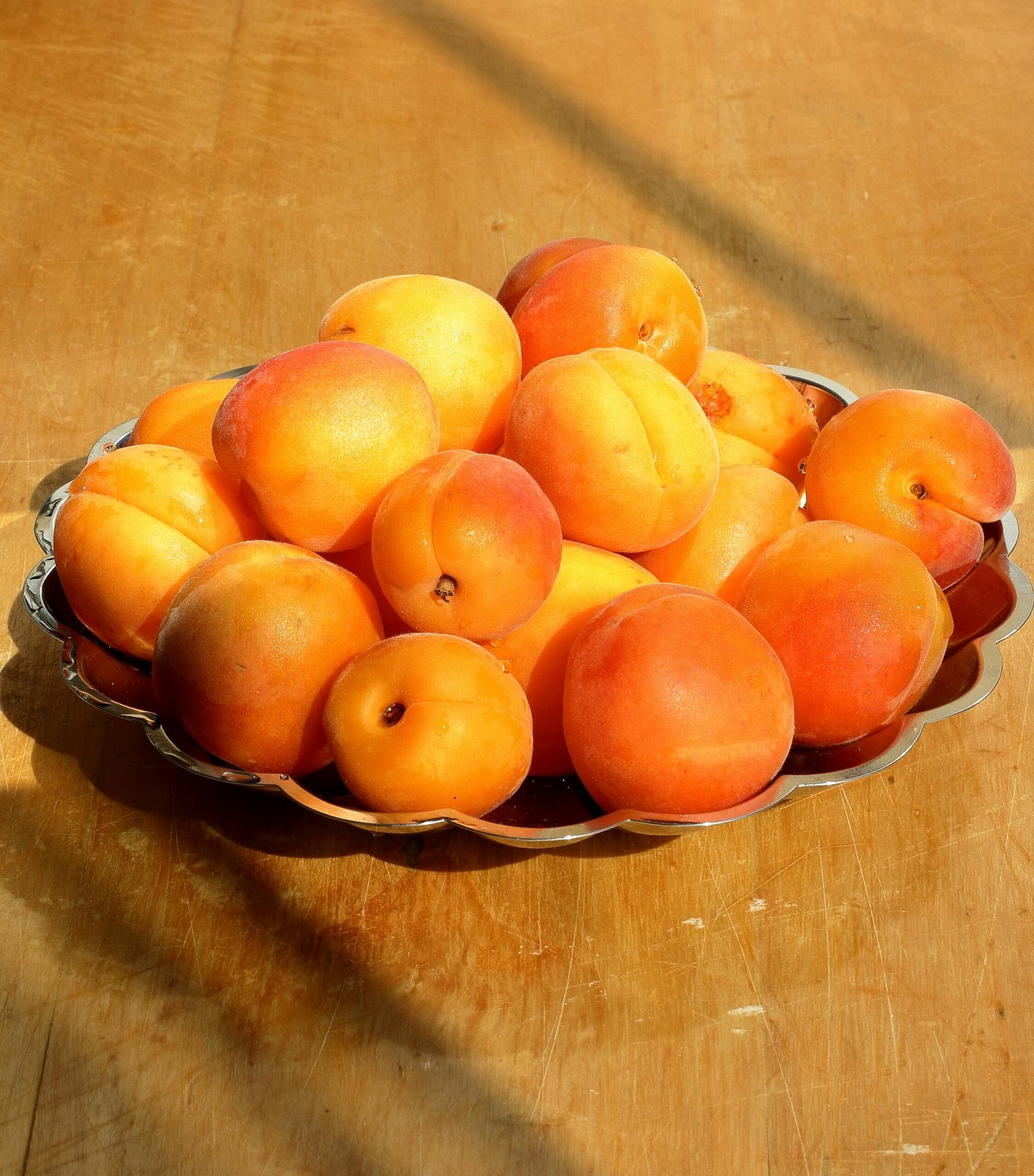 A vibrant pile of fresh apricots on a metal plate enhances any summer dining setting.
